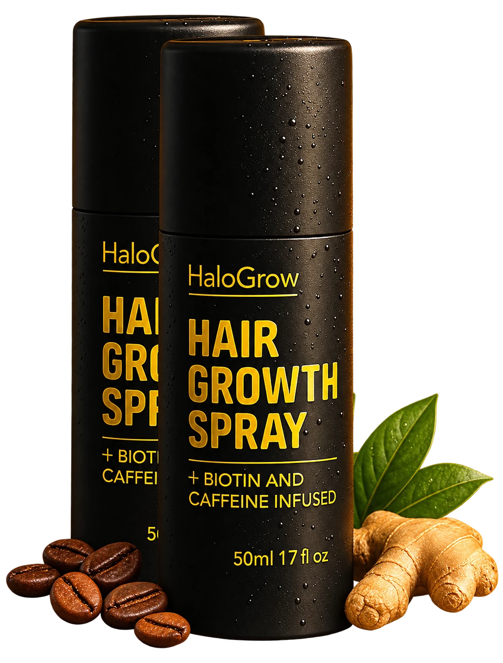 HaloGrow Hair Spray bottle with ginger and leaves